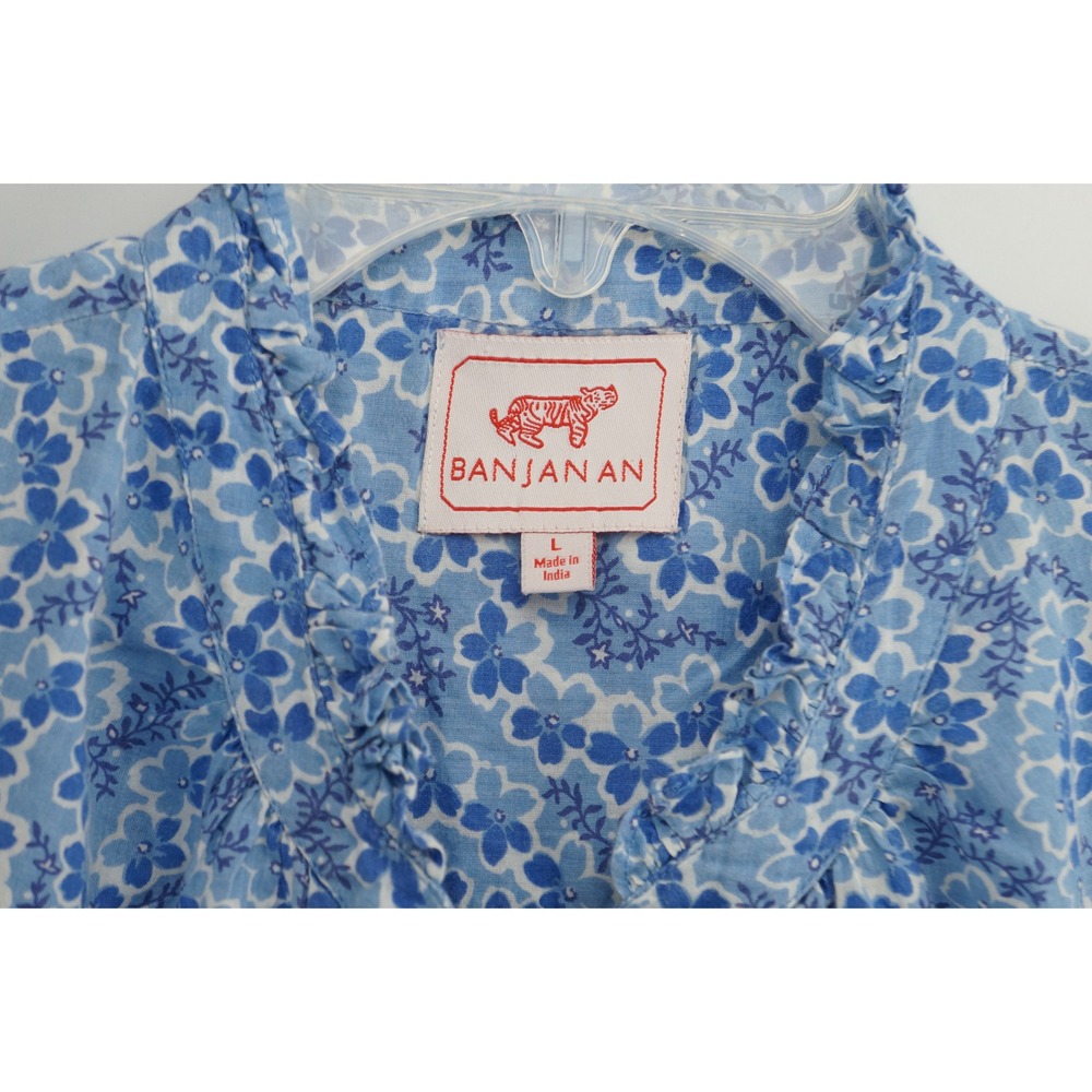 Banjanan Floral Blouse L Blue Cotton Ruffle Neck Short Sleeve Excellent - Picture 2 of 7